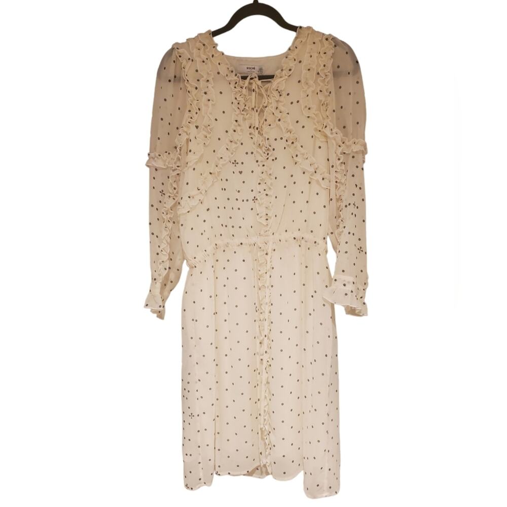 Koché Collective Cream Black Polka Dot Ruffle Chiffon Midi Dress FR 40